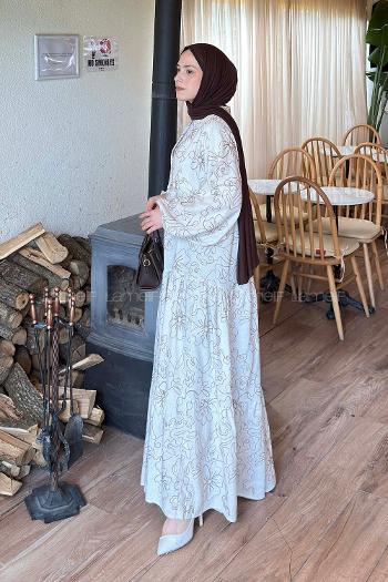 Lamelif Katleya Manşeti Lastikli Elbise Bej