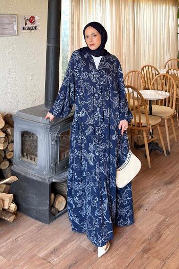 Lamelif Katleye Desenli Tesettür Elbise Lacivert