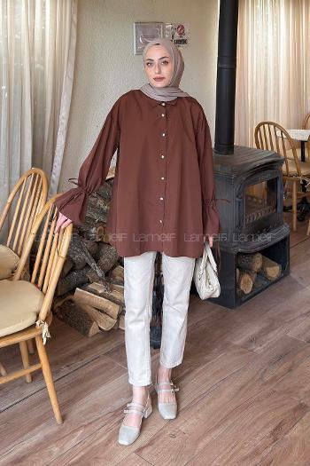 Lamelif Kol Tünel İp Detaylı Gömlek Acı Kahve