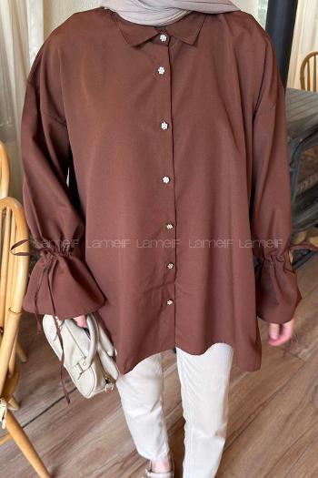 Lamelif Kol Tünel İp Detaylı Gömlek Acı Kahve