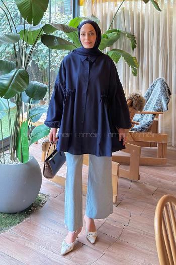 Navy Blue Shirt Collar Linen Tunic