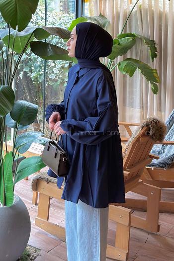 Navy Blue Shirt Collar Linen Tunic