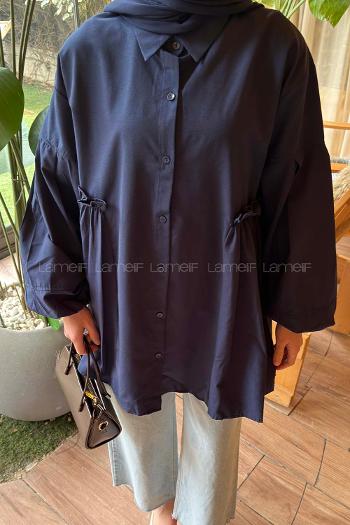 Navy Blue Shirt Collar Linen Tunic