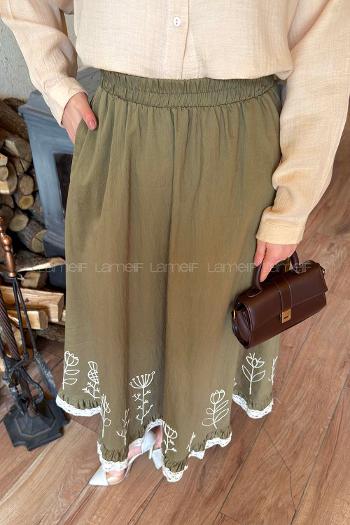 Lamelif Nakışlı Etek Haki