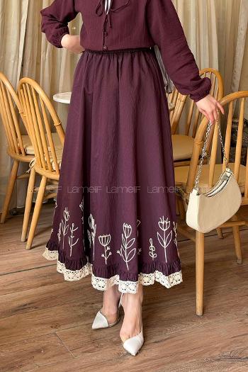Lamelif Nakışlı Etek Mürdüm