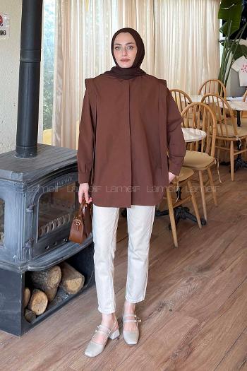 Lamelif Omuz Vatka Detaylı Tesettür Gömlek Acı Kahve