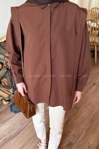 Lamelif Omuz Vatka Detaylı Tesettür Gömlek Acı Kahve