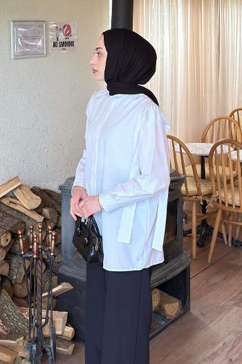 Lamelif Omuz Vatka Detaylı Tesettür Gömlek Beyaz