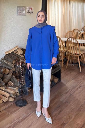 Lamelif Omuz Vatka Detaylı Tesettür Gömlek Saks Mavisi