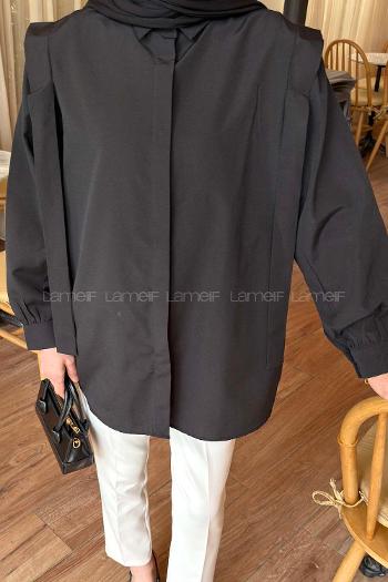 Lamelif Omuz Vatka Detaylı Tesettür Gömlek Siyah