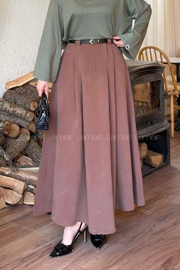 Lamelif Pileli Kemerli Etek Soft Kahve