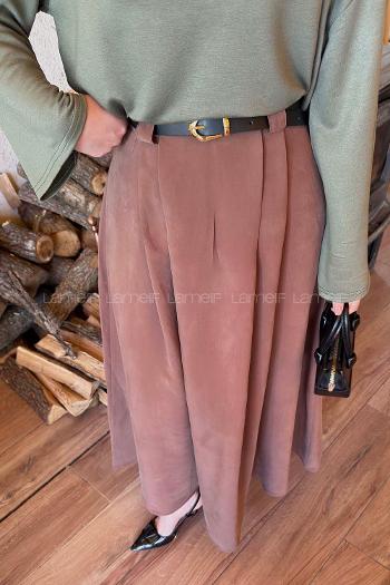 Lamelif Pileli Kemerli Etek Soft Kahve