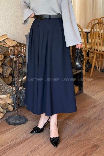 Lamelif Poliviskon Kemerli Etek Lacivert
