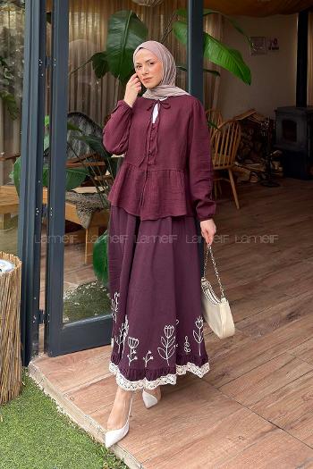 Lamelif V Yaka Kolları Lastikli Müslin Tesettür Gömlek Mürdüm