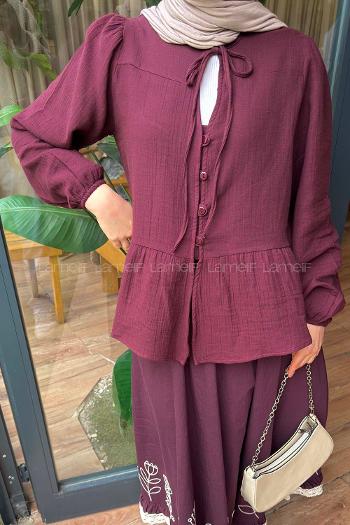 Lamelif V Yaka Kolları Lastikli Müslin Tesettür Gömlek Mürdüm