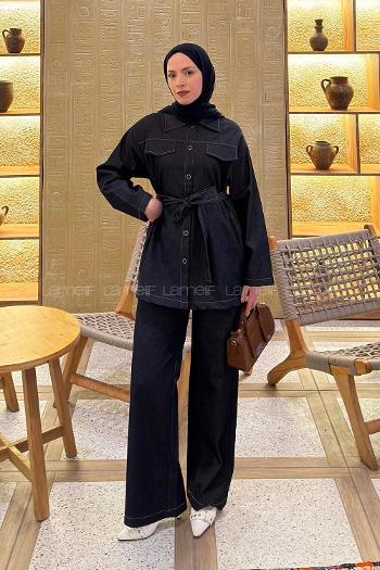 Dark Blue Shirt Collar Long Arm Denim Regular Trousers Denim Suit