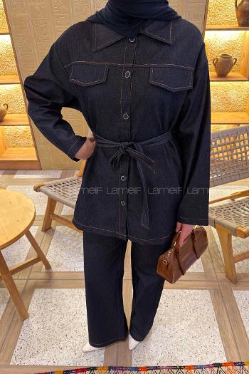 Dark Blue Shirt Collar Long Arm Denim Regular Trousers Denim Suit