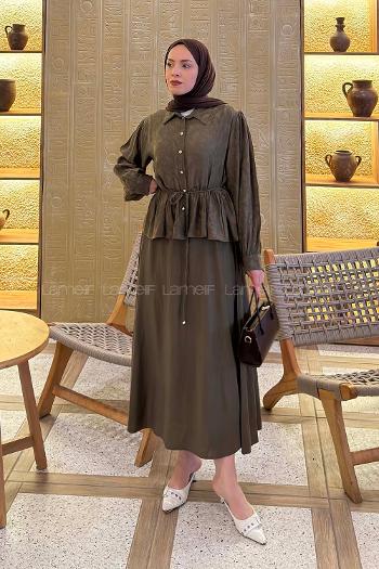 Lamelif Bağlama Detaylı Desenli Tesettür Takım Koyu Yeşil