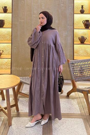 Lamelif Balon Kol Uzun Tesettür Elbise Soft Kahve