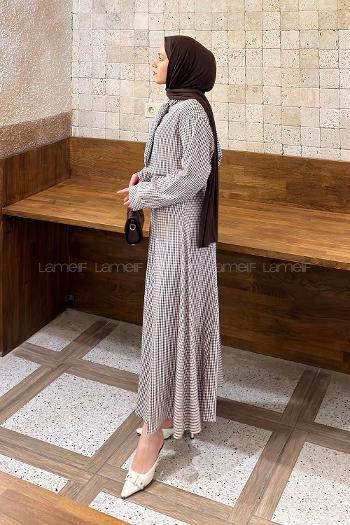 Lamelif Ekose Desen Kravat Yaka Takım Mürdüm