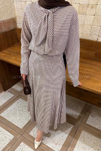 Lamelif Ekose Desen Kravat Yaka Takım Mürdüm