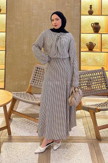 Lamelif Ekose Desen Kravat Yaka Takım Siyah