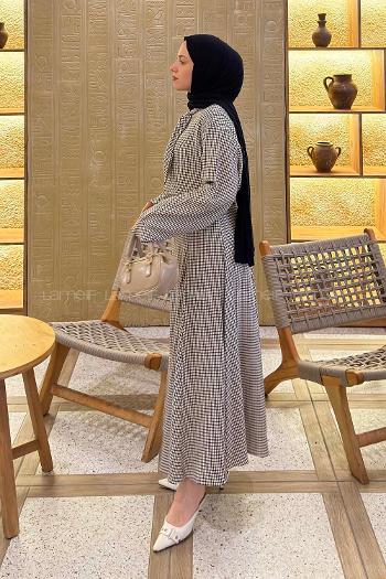 Lamelif Ekose Desen Kravat Yaka Takım Siyah