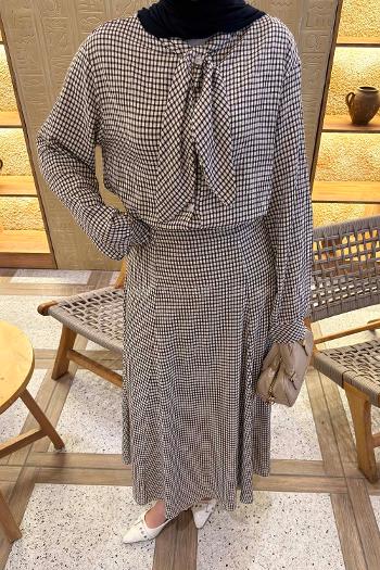 Lamelif Ekose Desen Kravat Yaka Takım Siyah