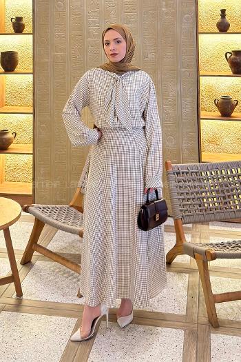 Lamelif Ekose Desen Kravat Yaka Takım Yağ Yeşili