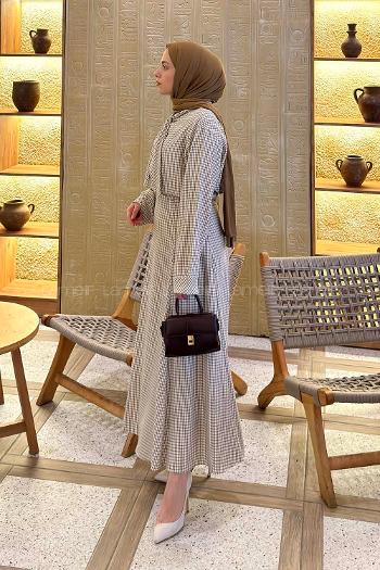 Lamelif Ekose Desen Kravat Yaka Takım Yağ Yeşili