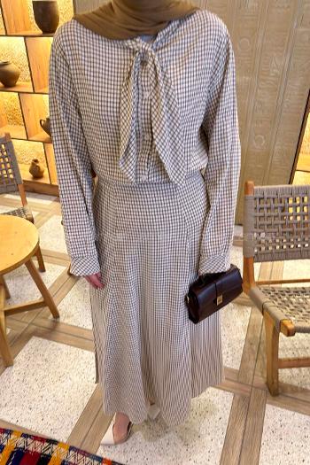 Lamelif Ekose Desen Kravat Yaka Takım Yağ Yeşili