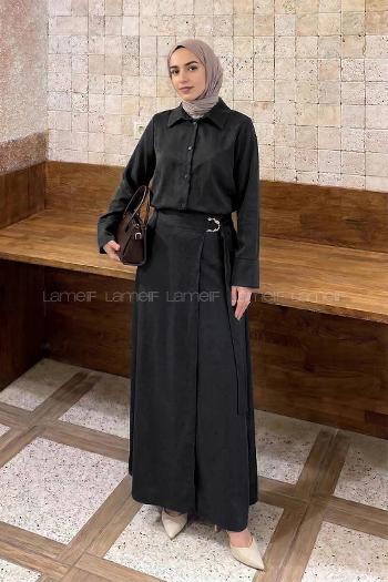 Lamelif Gold Toka Detaylı Etekli Takım Siyah