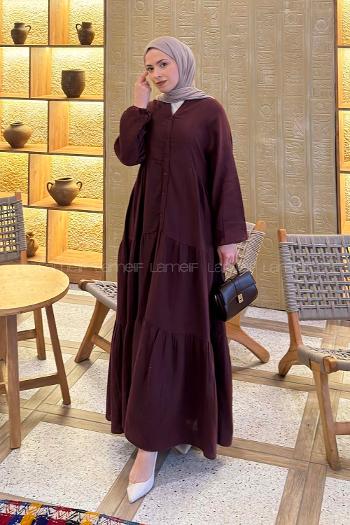 Claret Red Mandarin Collar Cotton Unprinted Dresess