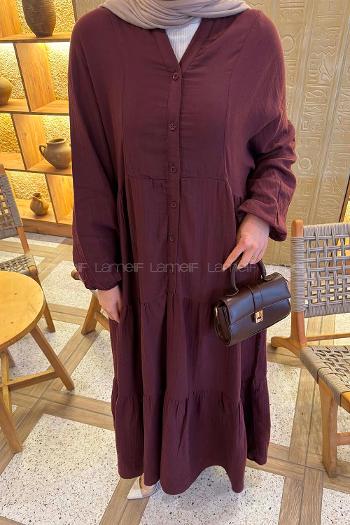 Claret Red Mandarin Collar Cotton Unprinted Dresess