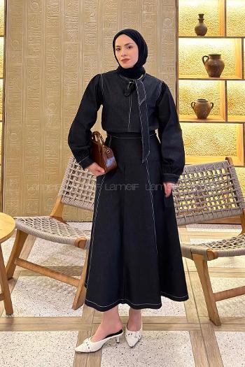 Lamelif Yakası Kuşaklı Kot Takım Koyu Mavi