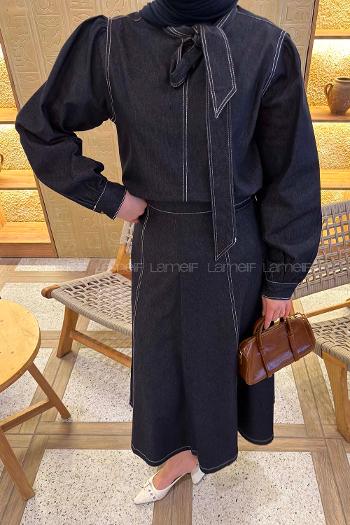 Lamelif Yakası Kuşaklı Kot Takım Koyu Mavi