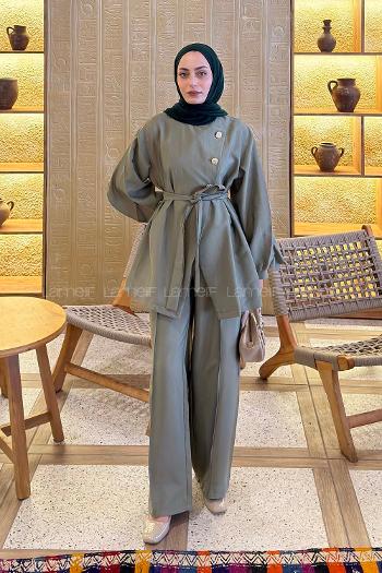 Lamelif Bağlama Detaylı Gold Düğmeli Takım Haki