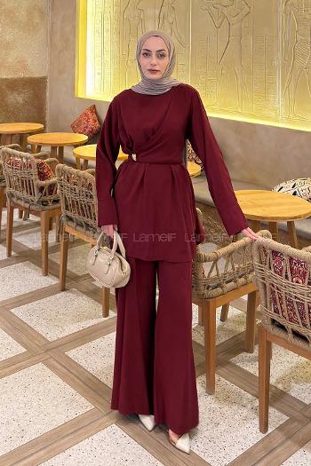 Lamelif Çapraz Kapama Bağlama Detaylı Takım Bordo