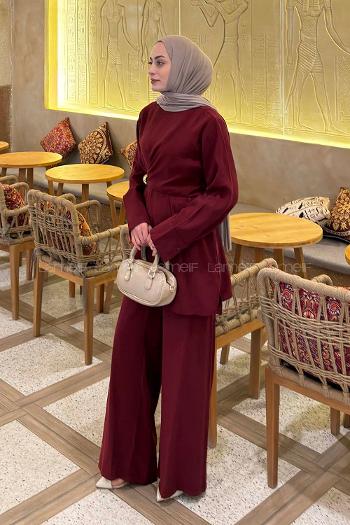 Lamelif Çapraz Kapama Bağlama Detaylı Takım Bordo