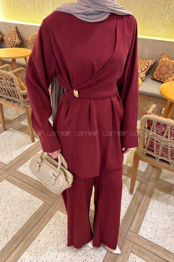 Lamelif Çapraz Kapama Bağlama Detaylı Takım Bordo