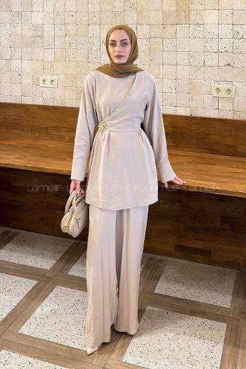 Lamelif Çapraz Kapama Bağlama Detaylı Takım Taş Rengi