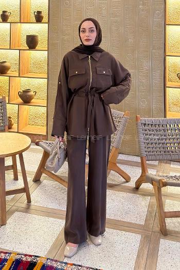 Lamelif Fermuarlı Modal Takım Kahverengi