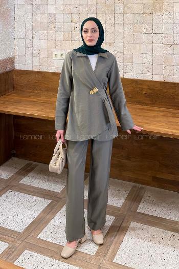 Lamelif Toka Detaylı Pantolonlu İkili Takım Haki