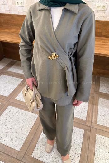 Lamelif Toka Detaylı Pantolonlu İkili Takım Haki