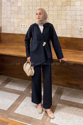 Lamelif Toka Detaylı Pantolonlu İkili Takım Lacivert