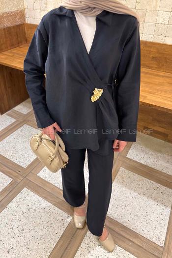 Lamelif Toka Detaylı Pantolonlu İkili Takım Lacivert