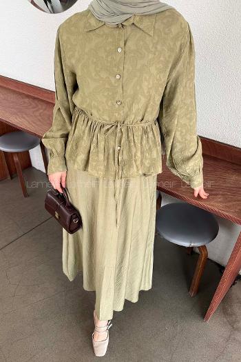 Lamelif Bağlama Detaylı Desenli Tesettür Takım Çağla Yeşili