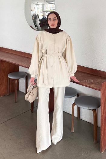 Lamelif Bağlama Detaylı Düğmeli Takım Krem