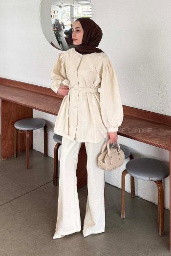 Lamelif Bağlama Detaylı Düğmeli Takım Krem