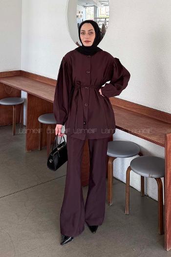 Lamelif Bağlama Detaylı Düğmeli Takım Mürdüm